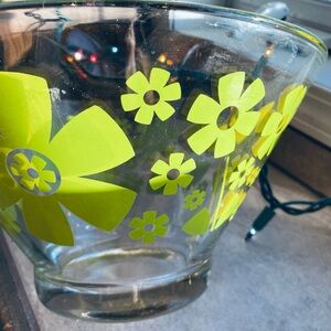 Vintage Clear Glass Bowl with Green 70s Flowers